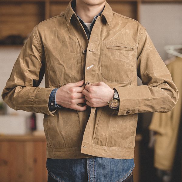 

mens waxed canvas cotton jacket light spring work jacket khaki, Black;brown