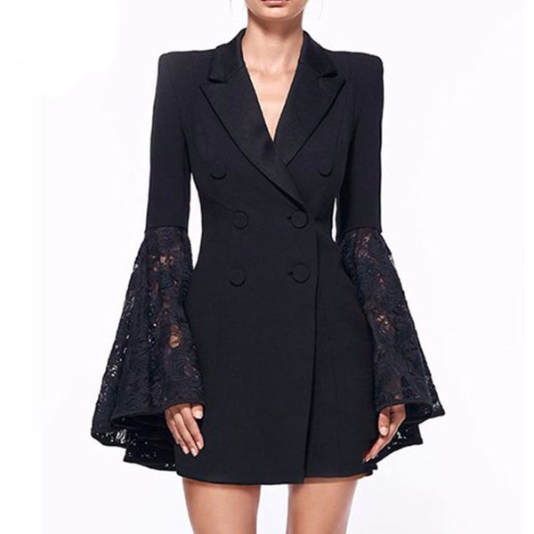 

Black White Lace Bell Flare Sleeve Blazer Suit Women V Neck Double Breadsted Formal Tunic Blazer Coat Plus Size 3XL, White;black