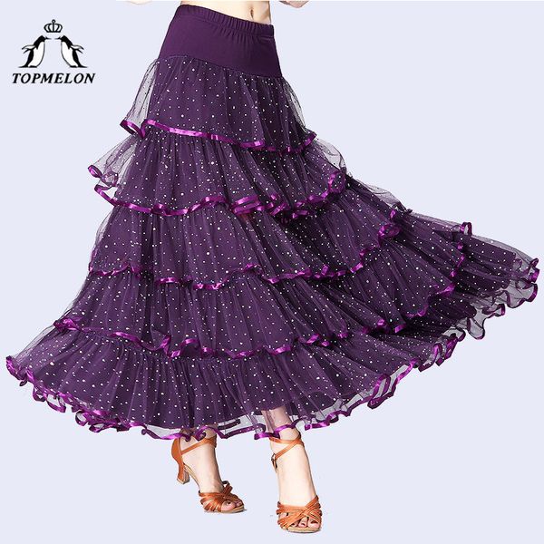 

elon 2018 ballroom flamenco spain skirts for women sequined ruffles long shinny dancing skirts waltz mesh dance wear, Black;red
