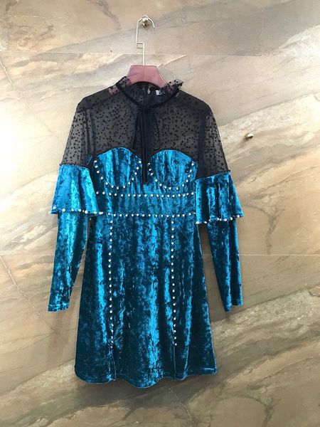 

europe and the united states 2020 early spring new foreign trade women's clothing air wave dot mesh stitching velvet dress short skirt nail