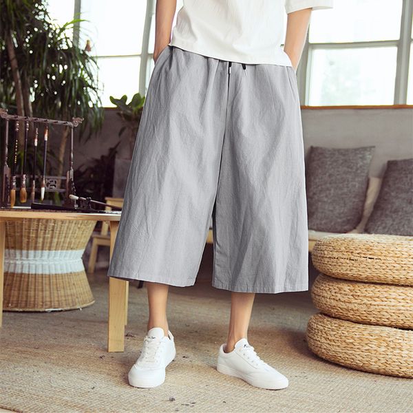 

plain color m-3xl japanese streetwear hip hop pants men loose fit summer casual cropped pants elastic waist wide leg trousers, Black