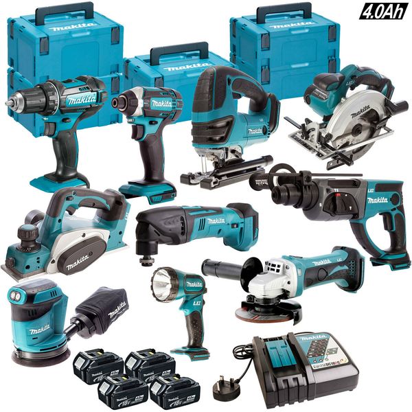 

Makita 18v lxt cordle 10pc mon ter kit with 4 x 4 0ah bl1840 dc18rc ca e