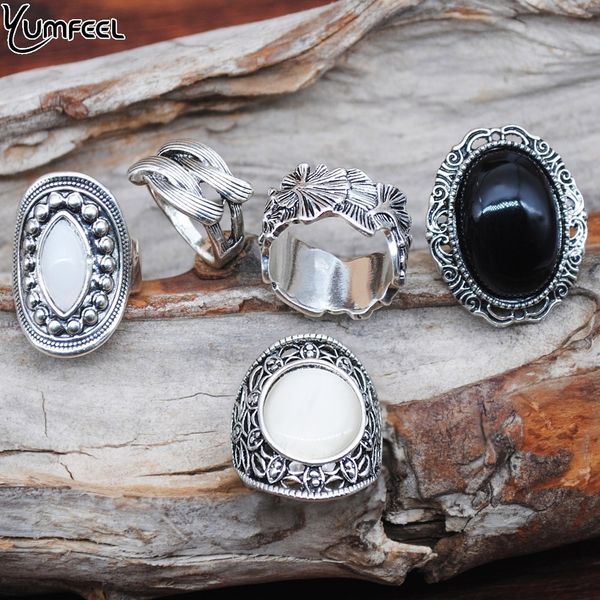 

yumfeel new bohemia vintage boho jewelry rings mixed lot tibetan silver plated ring 5pcs/lot bohemian ring women vintage jewelry, Golden;silver