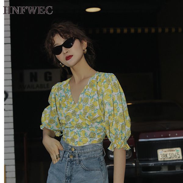 

puff sleeve tie back v neck yellow summer blouse tunic floral korean blouse casual wrap puffy sleeve 2020 t669, White