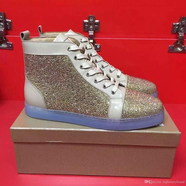 

simple luxury men high sneakers red bottom men women shoes with rhinestone strass sneakers shoes,luxury party marry dress gift with box, Black