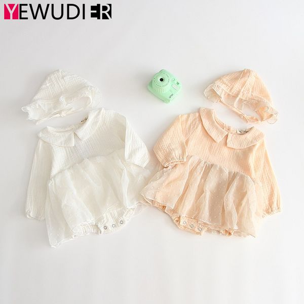 

baby girl romper clothes long sleeve mesh dress newborn cotton solid jumpsuit toddler princess party outfit costume with one hat, Blue
