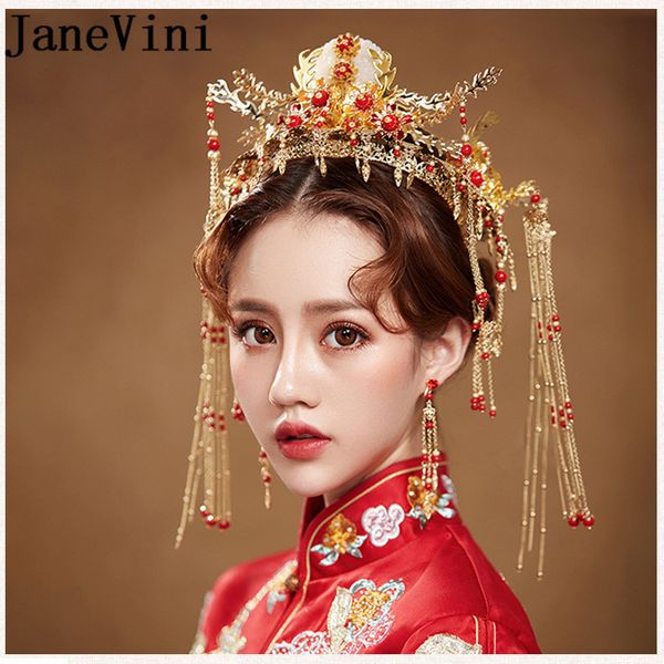 

janevini oriental chinese wedding bridal hairband vintage red hair accessories jewelry gold long tassel pageant crowns tiaras, Golden;white