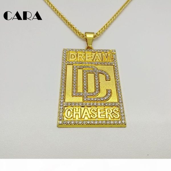 

2018 New Men Bling Bling Full Rhinestone Dream Chaser Pendants Necklaces men hip hop Gold color Zinc alloy DC necklace CARA0258