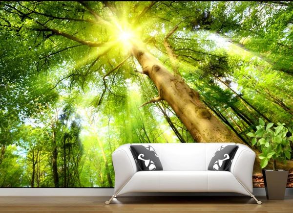 Personalizzato Qualsiasi dimensione Carta da parati murale Grande albero foresta luce del sole verde natura 3D sfondo muro Decorazioni per la casa Soggiorno Rivestimento murale