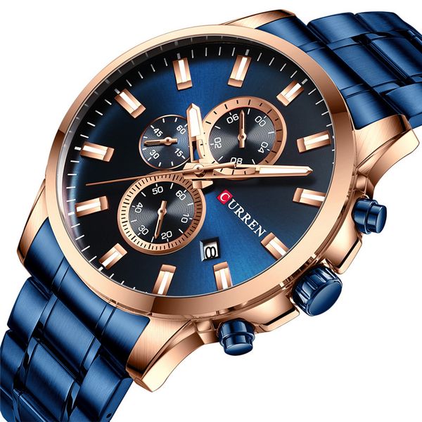 

curren 8348 new watch men fashion sport watch stainless steel band quartz wristwatch military chronograph clock male waterproof, Slivery;brown