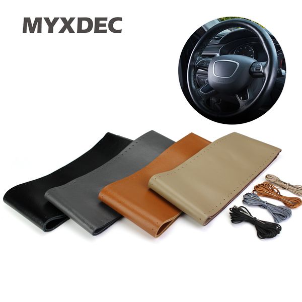 

2018 diy genuine cowhide leather steering wheel cover racing steering wheel with needles and thread fit 3 colors