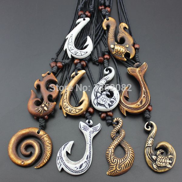 

wholesale 10pcs mixed style hawaiian hand carved imitation bone maori fish hook pendant necklace amulet gift mn428, Silver