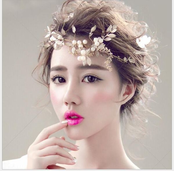 

korean bride headdress handmade golden leaf flexible chain front ornament wedding hair ornament wedding garment ornaments, Slivery;golden