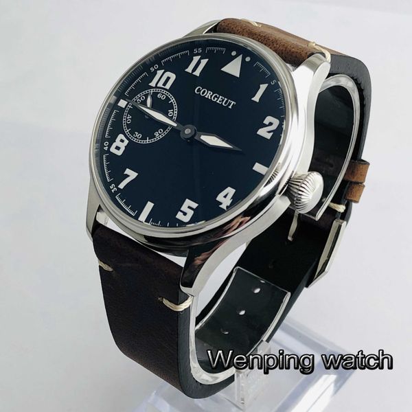 

44мм corgeut серебристый корпус черный циферблат кожаный ремешок 17 jewels механический 6497 ручным заводом движение светящихся мужские часы, Slivery;brown