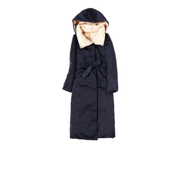 

high-end design italian ladies down jacket on both sides wearing contrast color double hooded long down jacket matte finish duck down jacket, Black