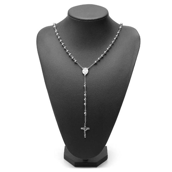

4/6/8/10mm silver tone crossed pendant stainless steel bead chain jesus christ rosary long necklace mens womens jewelry
