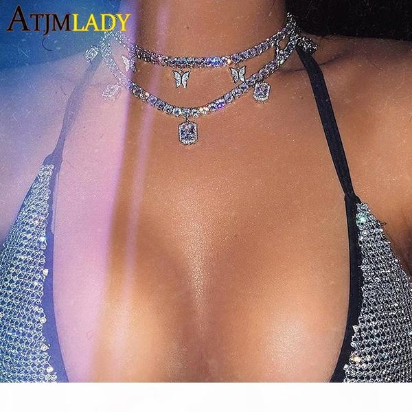 

heart arrow cz tennis chain with luxury drip cz butterfly charm 32+10cm choker necklaces iced out bling hip hop women jewelry, Silver