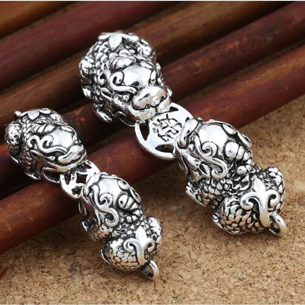 

100% 925 silver double pixiu beads real 925 sterling silver lucky fengshui pixiu beads wealth piyao diy good luck bracelet