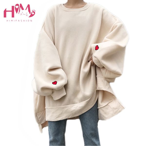 

japanese harajuku oversize winter fleece women hoodies korean heart embroidery loose casual long sleeve plus size sweatshirts, Black