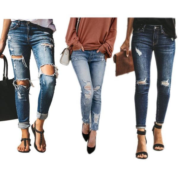 

women's jeans woman high waist pants denim trouser fashion holes, Blue