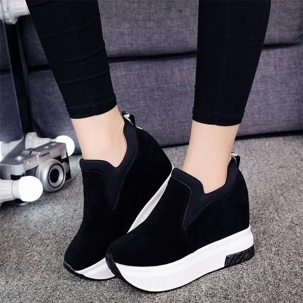 

women casual shoes hidden heels 10 cm female height increasing vulcanized shoes woman black red, Black;white