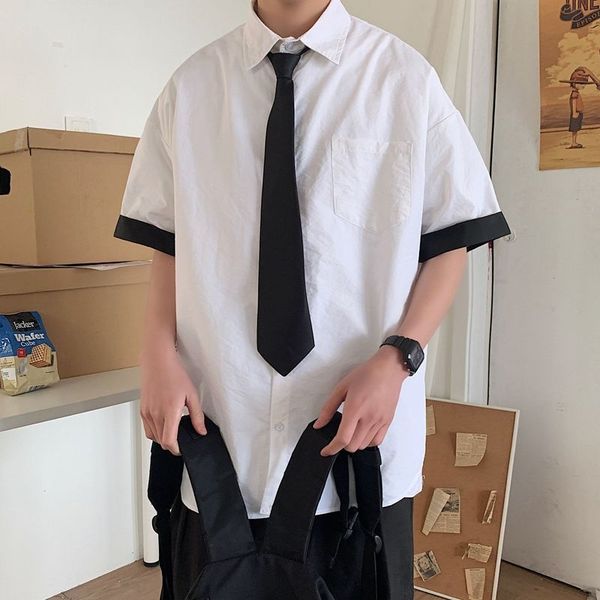 

2020 summer new youth popular solid color fight color dead five-point sleeve shirt fashion casual wild shirt jacket white / grey, White;black