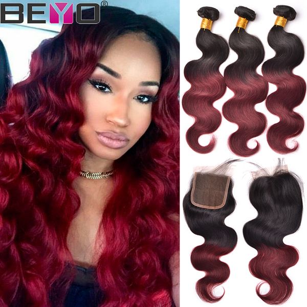 

малазийский объемная волна связки с закрытием 1b 99j burgundy lace ombre закрытие с связки ombre two tone человеческих волос weave remy beyo, Black;brown