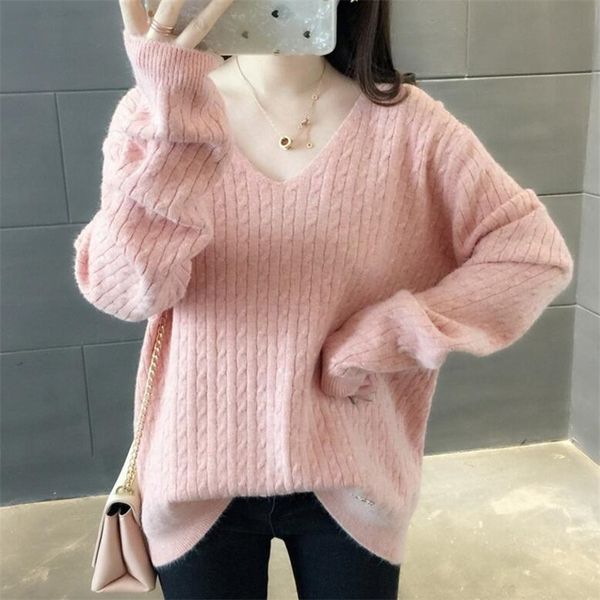 

2019 spring new v-neck solid color twist sweater bottoming shirt pullover sweater female loose long-sleeved wild tide, White;black