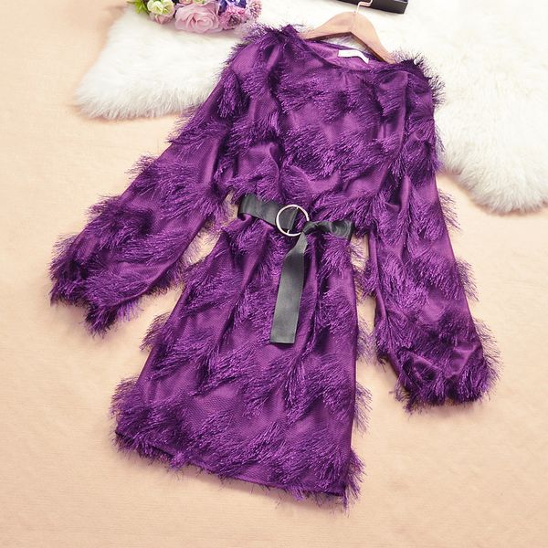 

women's feather dress with bow belt tassel long sleeve high waist solid bodycon lady mini dresses woman vestido female ls177, Black;gray