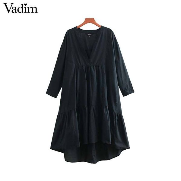 

vadim women sweet solid loose straight dress o neck button design mid calf female casual white midi dresses vestidos qb606, Black;gray
