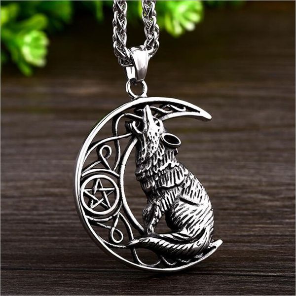 

viking moon wolf pendant necklace stainless steel viking celtic wolf pendant men and women punk necklace jewelry, Silver