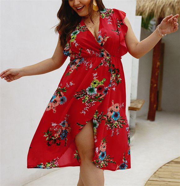 

Sleeveless V Neck Flora Printed Dress High Waisted Dress With Split Ladys Styleonme Ruffle Sleeve Dress