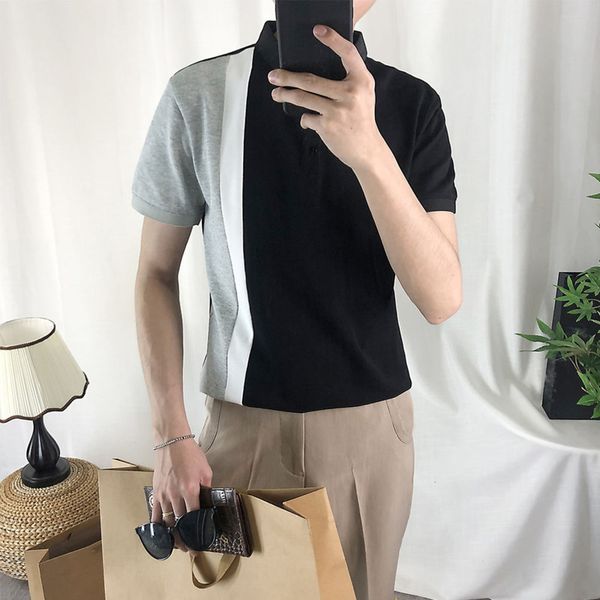 

summer korean t shirt men's slim fashion contrast color lapel t-shirt men streetwear pullover short-sleeved tshirt mens m-3xl, White;black