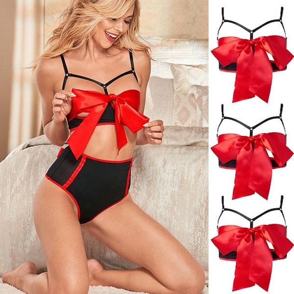 

2pcs set womens lingerie lace mesh see through ribbons bow babydoll bra hollow g-string thong, Red;black