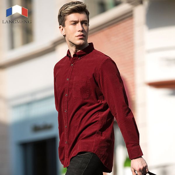 

langmeng brand 2017 autumn vintage corduroy shirt men solid color long sleeve casual shirts mens camisa masculina slim fit, White;black
