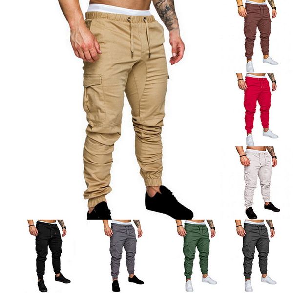 

men's pants 2021 joggers solid color men cotton elastic long trousers cargo leggings fashion, Black