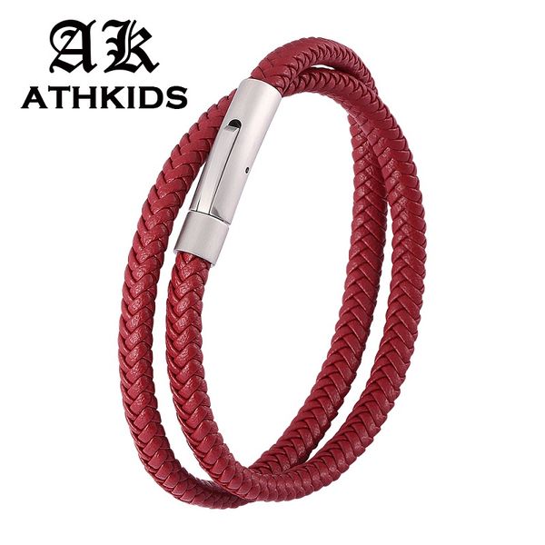 

fashion red braided leather double layer bracelet stainless steel snaps men women jewelry gifts pd0497, Golden;silver