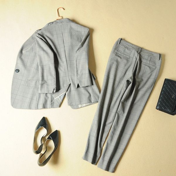 

fashion office ladies plaid suit slim fit spring new 2pcs blazer pants suits vintage business work outfits set ensemble femme, White;black