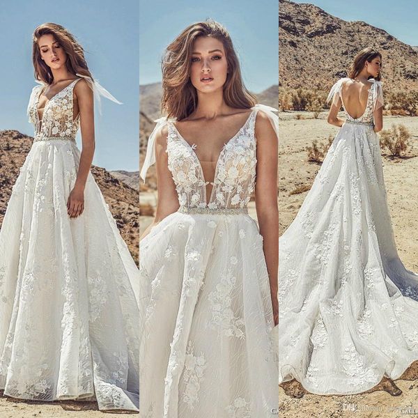 

julie vino 2019 beach wedding dresses deep v neck lace beads backless a line bridal gowns plus size bohemian robe de mariÃ©e, White