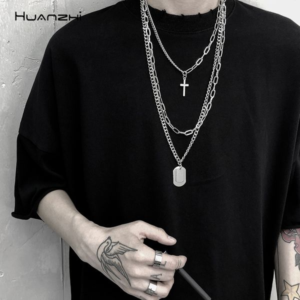 

huanzhi personality cross square silver color metal multilayer hip hop long chain simple necklace for women men jewelry gifts, Golden;silver