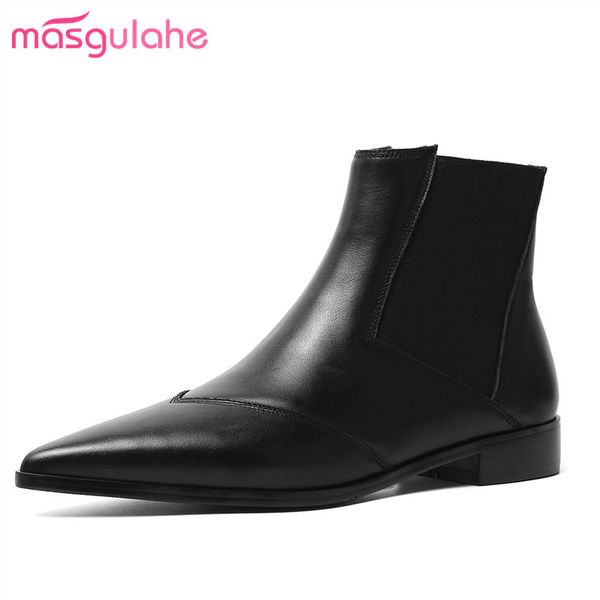 

masgulahe women's ankle boots 2020 autumn genuine leather boots for ladies pointed toe slip on shoes black female
