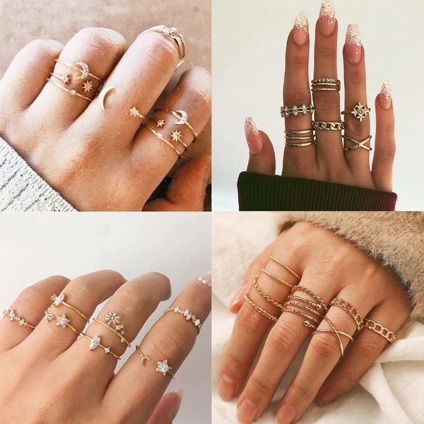 

bohemian gold vintage rings star moon beads crystal ring set women charm joint ring party wedding fashion jewelry gifts, Golden;silver