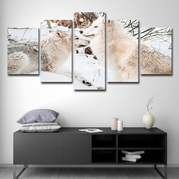 Hd Printed 5 Pieces Canvas Art Painting White Snow Wolf Couples Poster Wall Pictures For Living Room Free Shipping