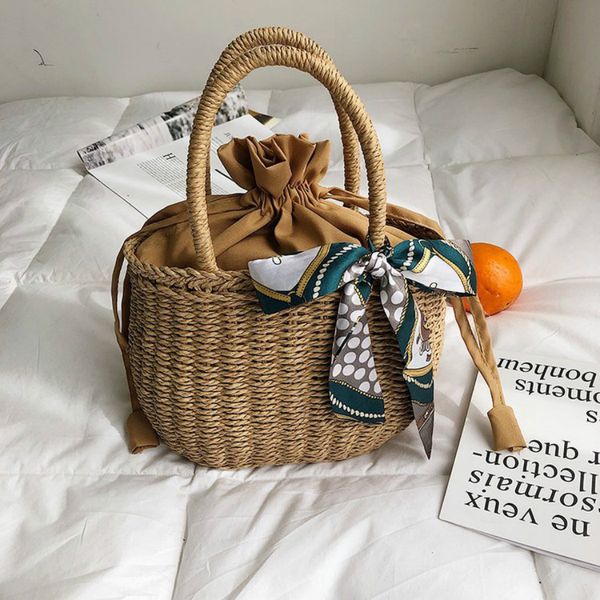 

round silk straw women handbags casual drawstring totes lady vintage wristlets rattan women's bag boehmian beach bag straw bags