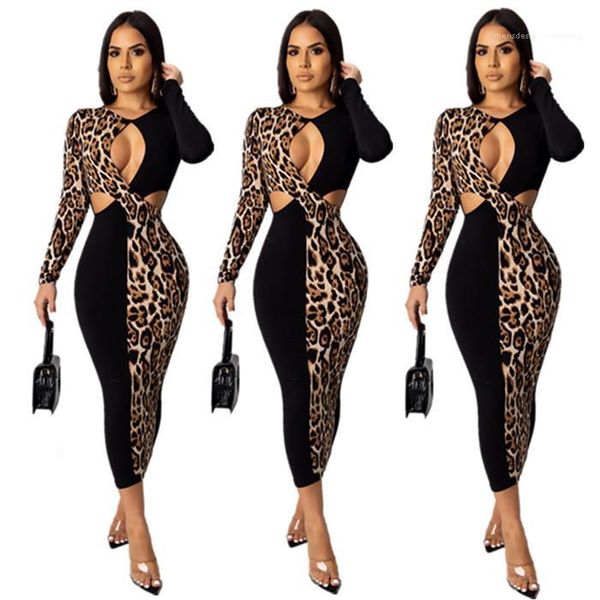 

club bodycon long sleeve crew neck females clothes womens leopard printed patchwork dress hollow out night, Black;gray