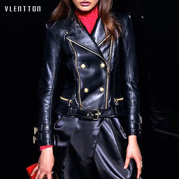 

2020 spring autumn with sashes pu faux leather jacket women zipper metal button black biker jacket coat female slim outwear
