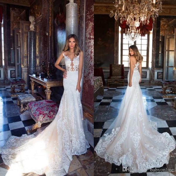 

новейшие кружевные свадебные платья русалка прозрачные аппликации спинки с подметальным шлейфом свадебные платья вечернее платье robe de sor, White