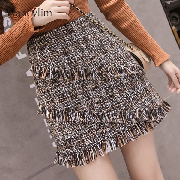 

autumn winter fashion plaid wool asymmetric fringe a-line skirt lady all-match woolen skirts girls student mini skirt high waist, Black