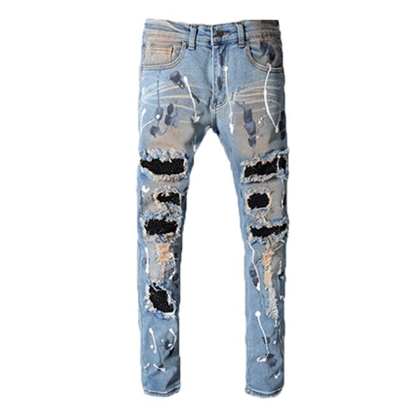 

2019 high street new fashion hip hop ripped destroyed men hole designer jeans biker zipper slim demin pencil skinny pants size 28-42, Blue
