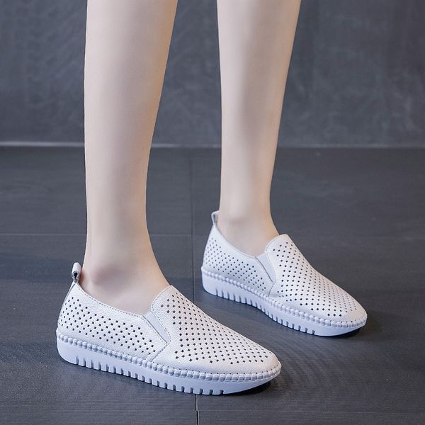 

sale white shoes women's summer genuine leather versatile hollow out breathable casual shoes slip-on maternity mom, Black